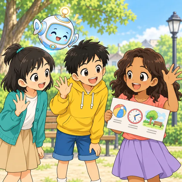 新しい紙を見た女の子が笑顔になり、ミオとハルと手をふり合っている。