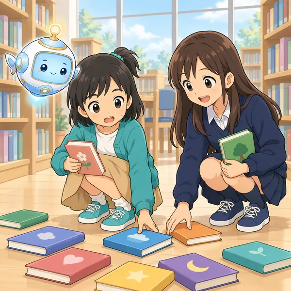 図書館で、ミオが落とした本を、中学生の女の子が拾ってくれている。