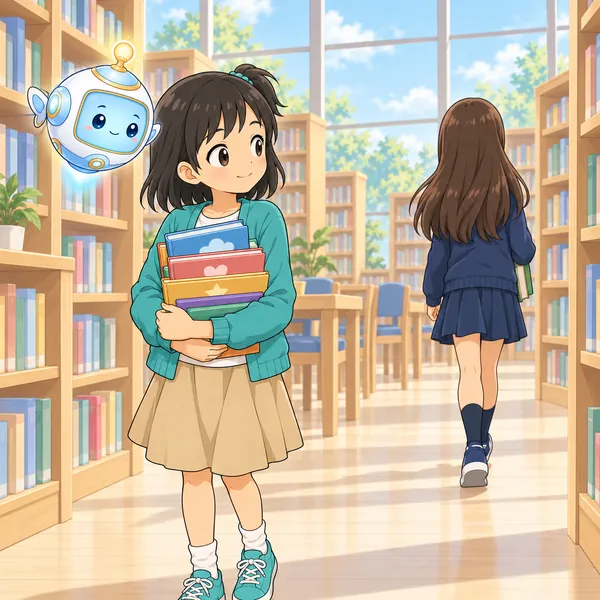 女の子が去っていき、ミオが本をかかえて見送っている。