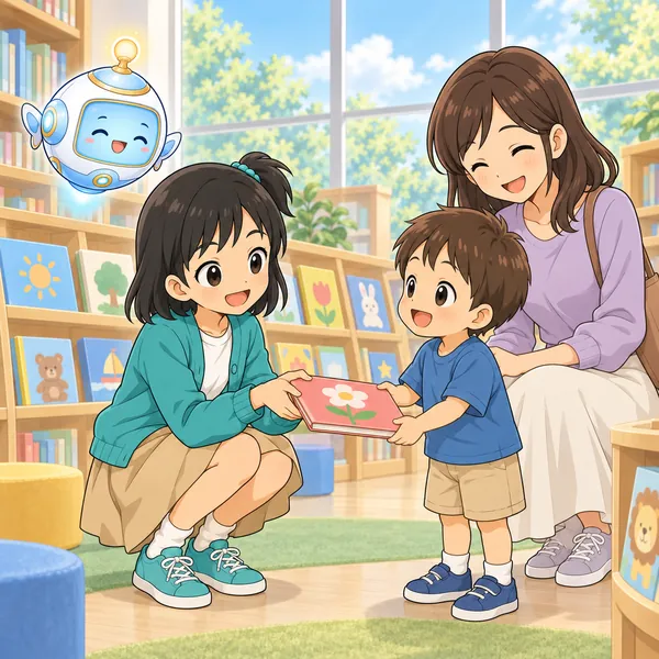ミオが小さな男の子に絵本を手わたし、男の子と母親が笑っている。