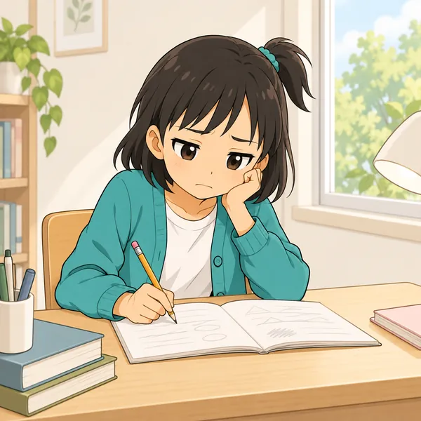 ミオが机で、休みなしで勉強を続けている