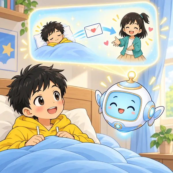 AIロボットが、休む子から早めに手紙が届き、友だちが安心する絵を見せている。