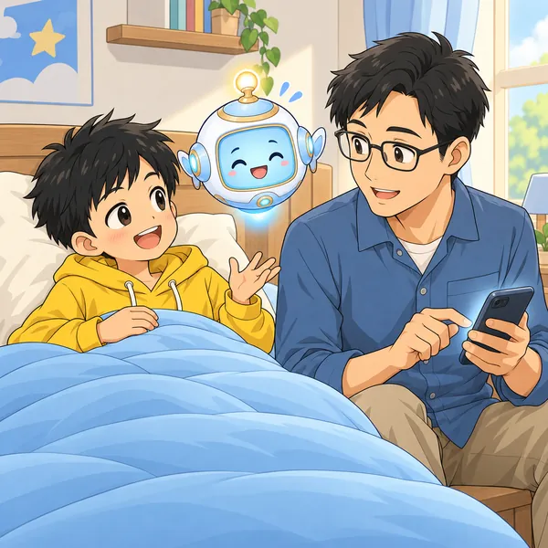父がハルの話を聞きながら、ミオに休むと連絡している。