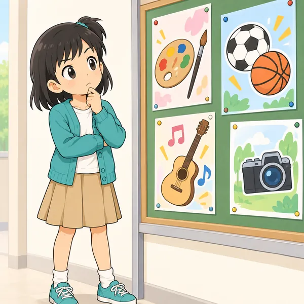 ミオが部活の見学案内をながめ、どれが自分に向いているか分からず、うでを組んで考えこんでいる