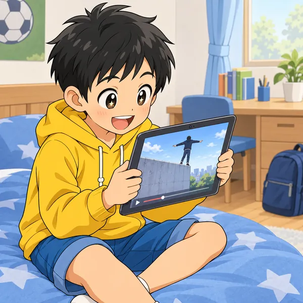 ハルが自分の部屋でタブレットを見ている
