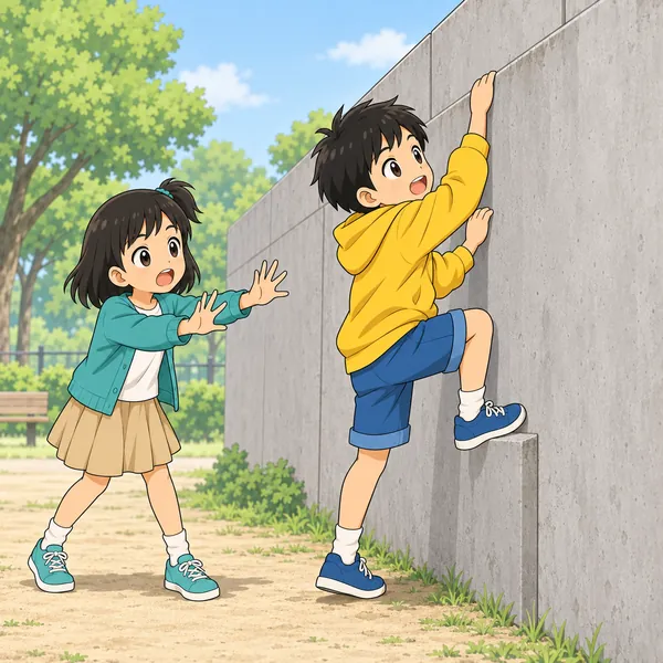 公園。ハルが高いコンクリートの塀にのぼろうと足をかけている