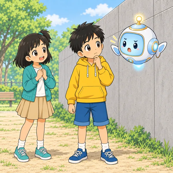 アイがハルのそばに浮かび、やさしくたしなめている