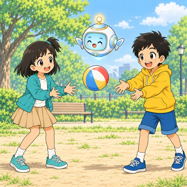 ハルとミオが公園の地面で、ボール遊びをして笑っている