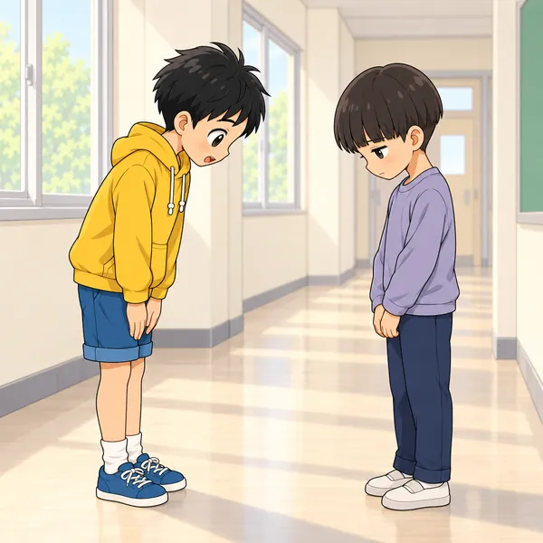 二人きりの廊下。ハルが相手に短くあやまっている