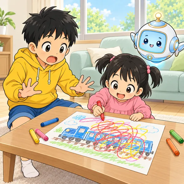 ハルの電車の絵に、妹がクレヨンでらくがきしている。