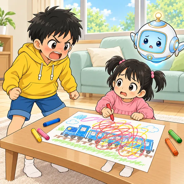 ハルが顔を赤くしてこぶしをにぎり、妹が固まっている。