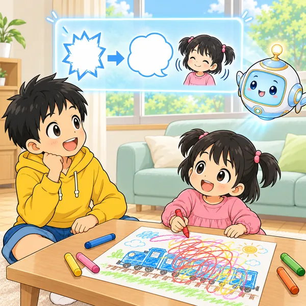 AIロボットが、とげとげの吹き出しがやわらかい吹き出しに変わる絵を見せている。