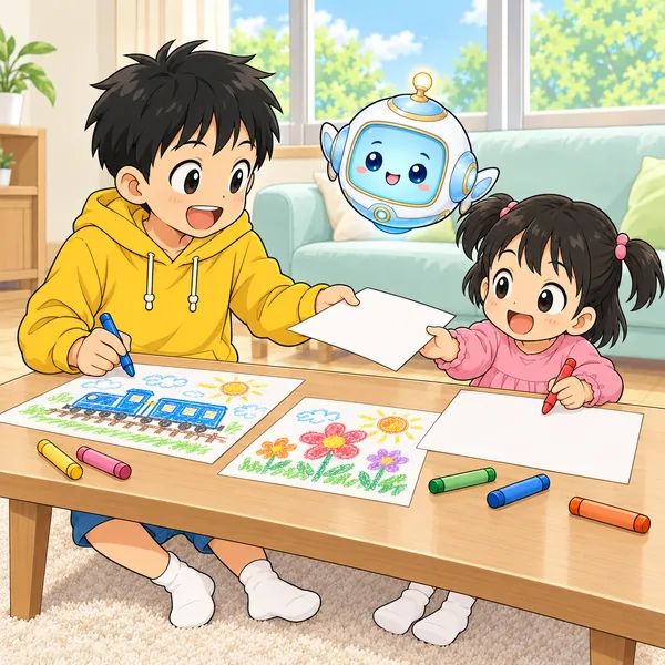 ハルと妹が新しい紙に並んで絵をかいている。