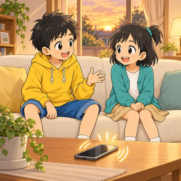 夕方のリビングで、ハルとミオが話していると、テーブルのスマートフォンがふいに光った。