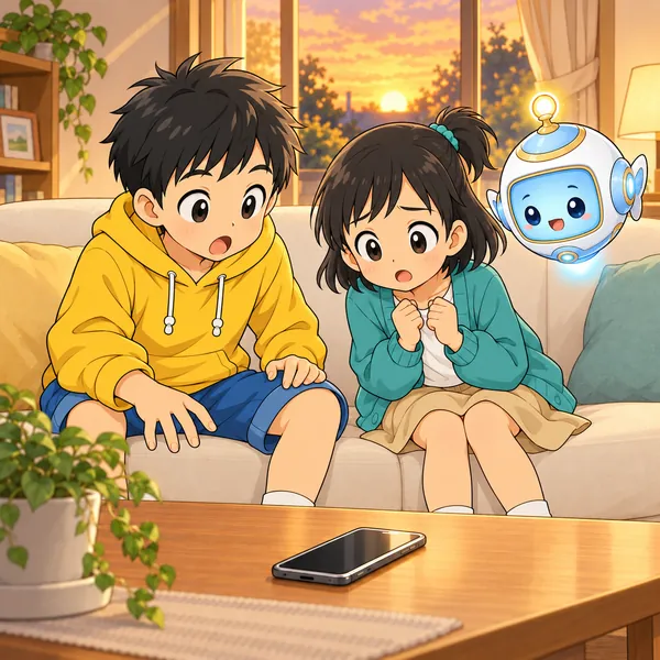 ハルとミオがおどろいてスマートフォンを見ている。