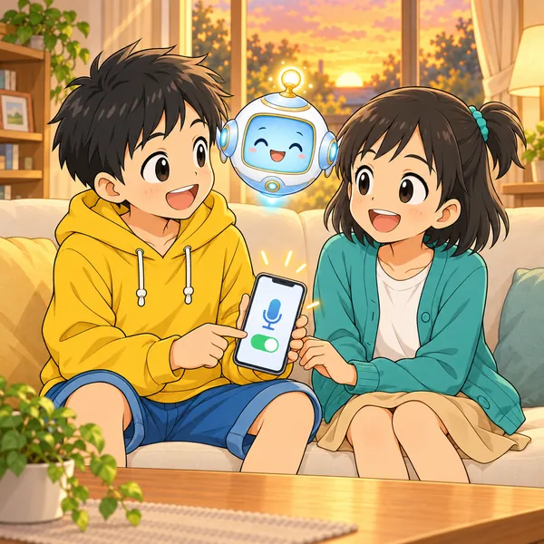 夕日のリビングで、スマートフォンの設定を確かめ終えたハルとミオが、顔を見合わせて笑っている。