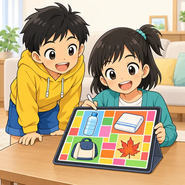 リビングで、ミオがタブレットにすきまなくつまった持ちものの案内を作り、ハルがのぞいている。