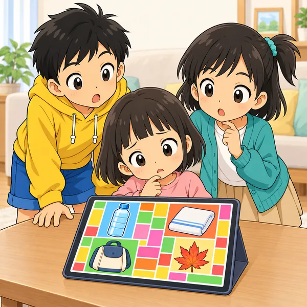 ハルの妹がチラシを見て首をかしげ、ハルとミオが妹を見ている。
