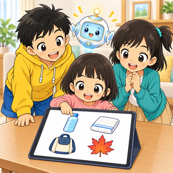 すき間を作ったチラシを、ハルの妹が楽しそうに指さし、ミオとハルが笑っている。