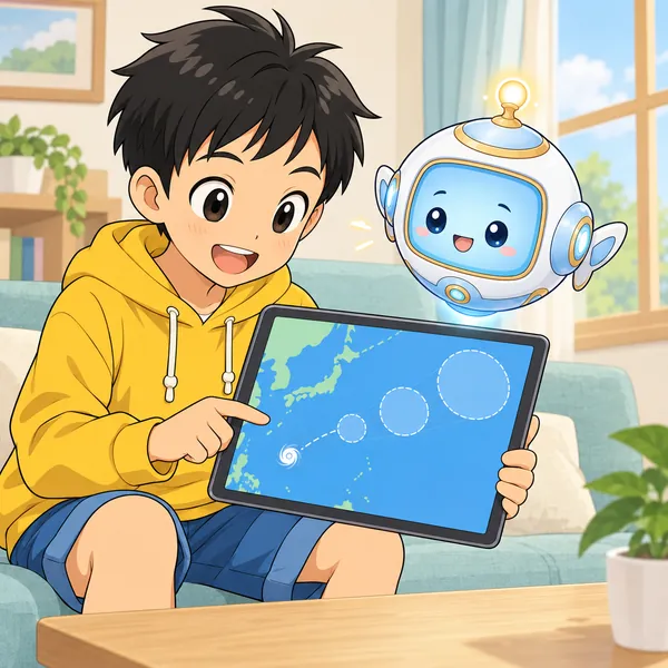 タブレットの海の地図に、台風のうずまきと先ほど大きくなる円が並び、ハルが見ている。