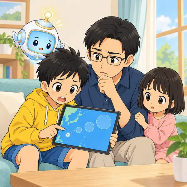 不安そうなハルがお父さんにタブレットを見せ、妹もくっついている。