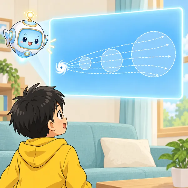 AIロボットが、台風の中心から広がる道すじを円が囲む絵を窓に見せている。
