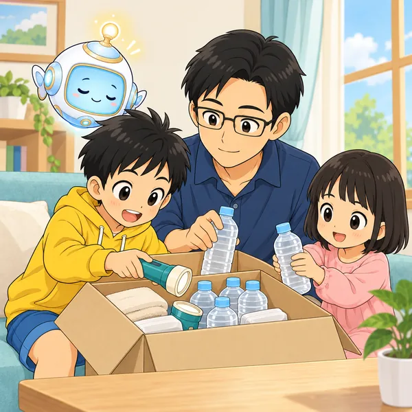 ハルとお父さんと妹が、落ち着いて懐中電灯や水を箱にまとめている。