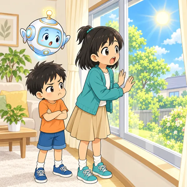 窓の外が青空で、ミオがおどろき、弟がほおをふくらませている。