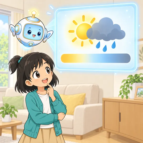 AIロボットが、太陽と雨が重なったマークと色の帯を窓に見せている。