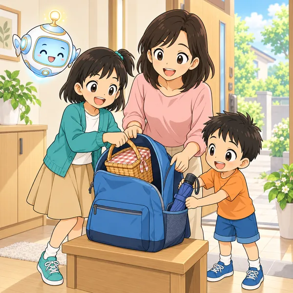 ミオとお母さんと弟が、バスケットと傘の両方を持って笑顔で出かけようとしている。