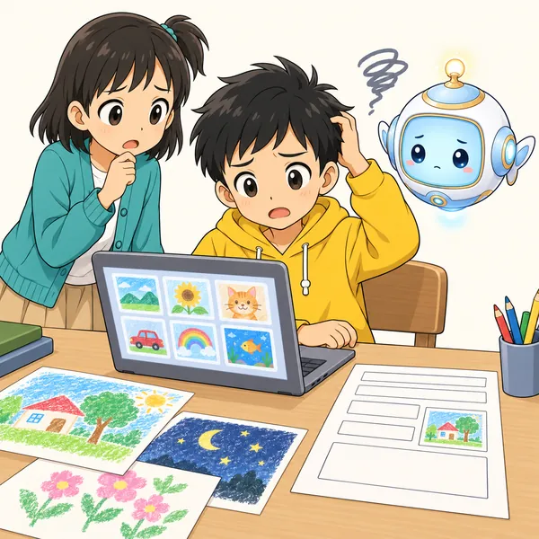 応募の書類を前に、ハルが自分の作品をいつ作ったか思い出せずに困っている