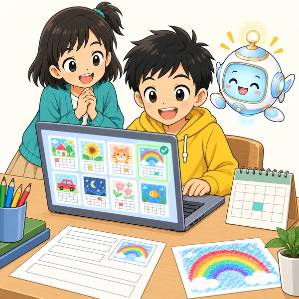 ハルが今月の作品に日づけをつけて保存し、整理された一覧を見て満足そうにしている