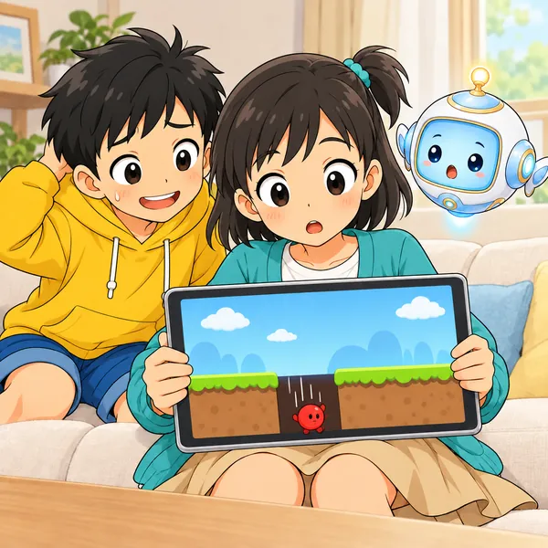 画面のキャラクターが目印のない落とし穴に落ち、ミオがおどろいている。