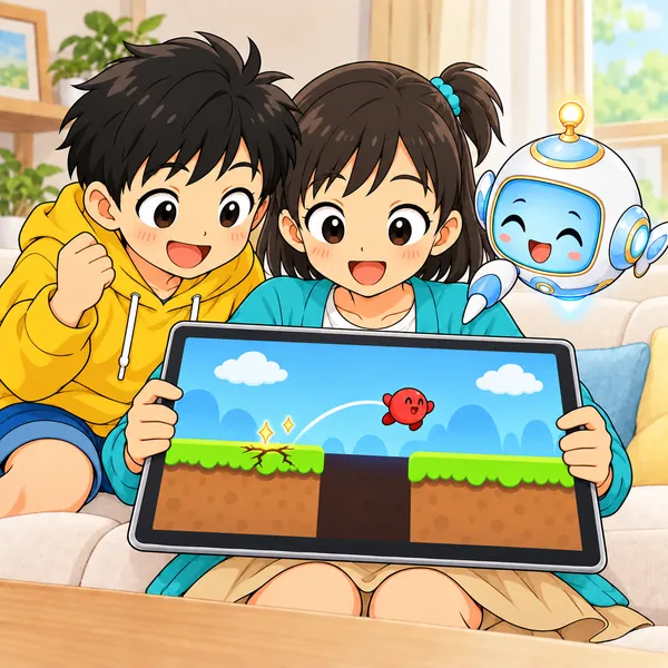 ミオが印に気づいてキャラクターをジャンプさせ、ハルとAIロボットも笑顔になっている。