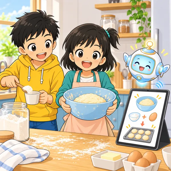 ミオがボウルを持って笑い、ハルもいっしょに材料を量っている。