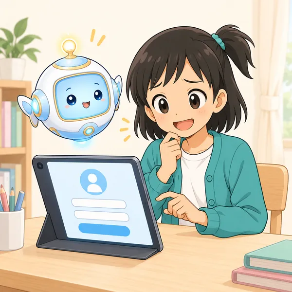 ミオが新しいアプリの登録画面を前にして、わくわくしながらも少し不安そうな顔をしている