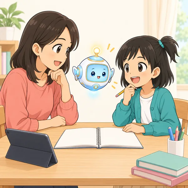 ミオがノートを開いて、やさしい大人(お母さん)と向かい合ってすわり、一緒に考えている
