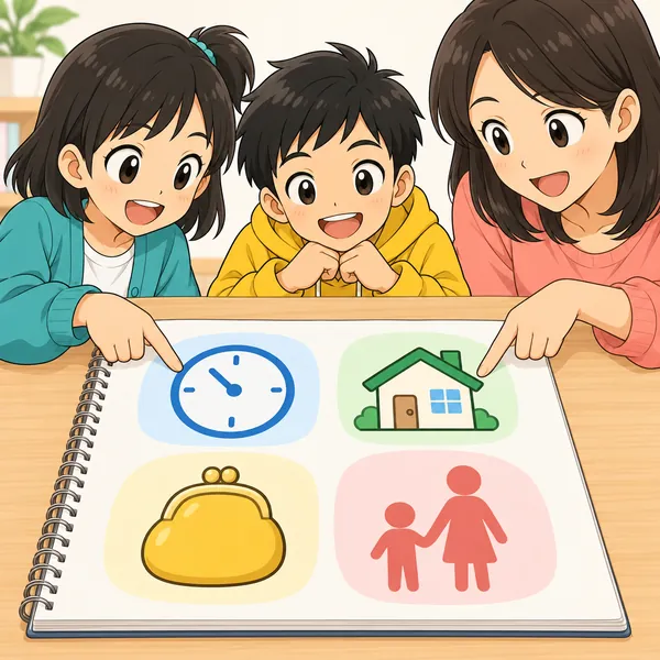 ノートのアップ寄り。4つの項目を書き出して、ミオとお母さんが指さしながら確認している
