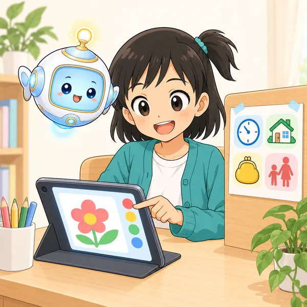 ミオが安心した表情でアプリを使い始めている