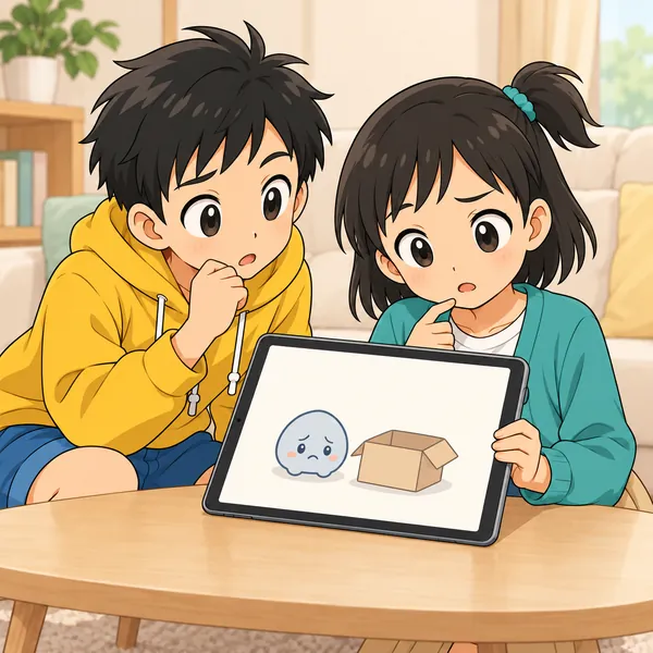 ミオがタブレットで前に見たページを開こうとすると、からっぽの箱の絵が出て、とまどっている。