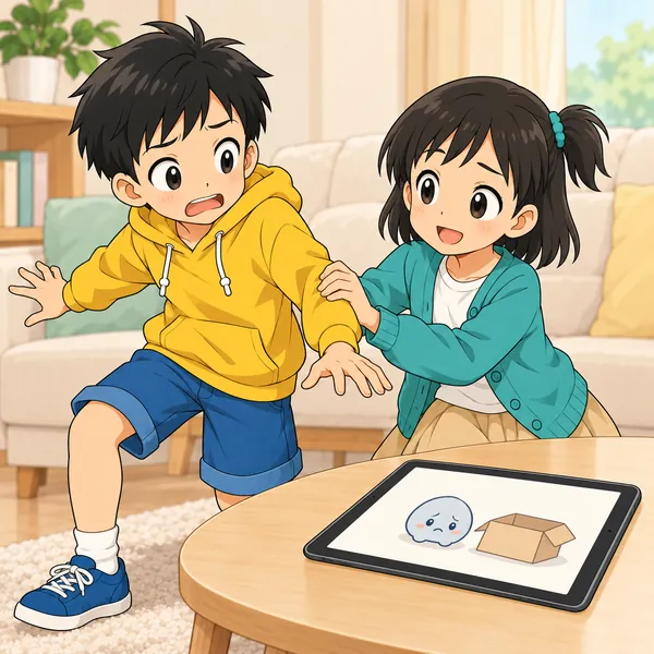 ハルがあわててタブレットからはなれようとし、ミオがそっと止めている。
