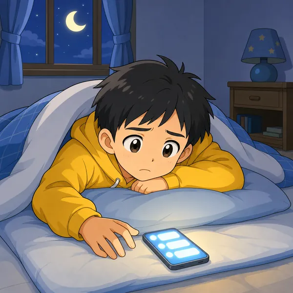 4コマ「夜のメッセージは ひかえよう」の1コマ目