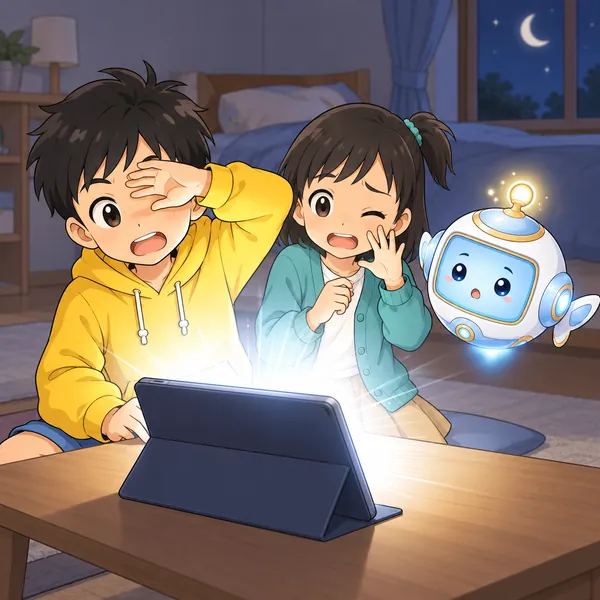 夜のうす暗い部屋で、ハルが真っ白な画面のまぶしさに腕で目をおおっている。