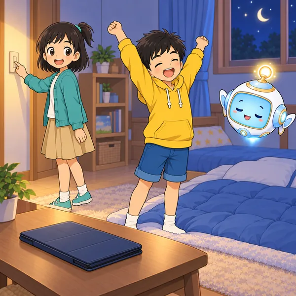 ハルがタブレットを閉じてのびをし、ミオが部屋の電気を消そうとしている。