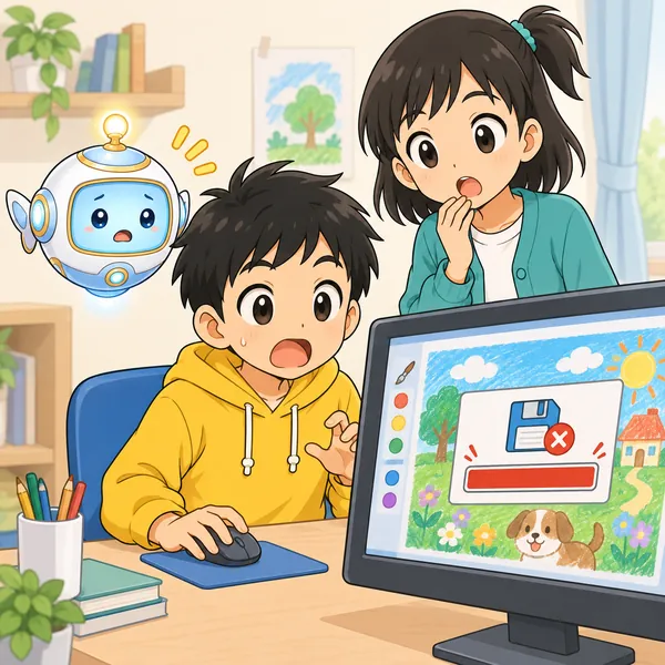 ハルが作業の途中で保存しようとして、保存できないという表示が出ておどろいている