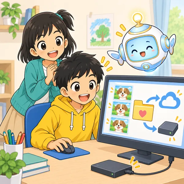 アイが説明し、ハルが大事なファイルを外付けやクラウドへ移している