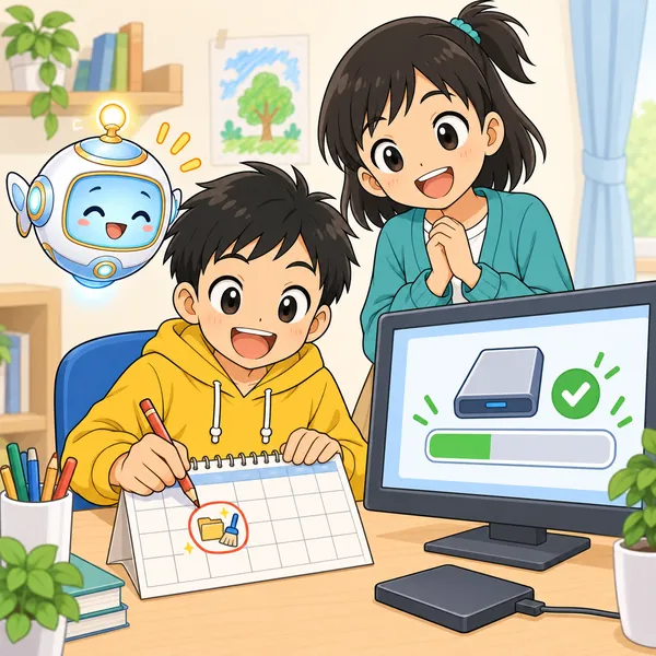 整理が終わって空きができた画面。ハルがカレンダーに「月に一回 かたづけ」と書きこんでいる