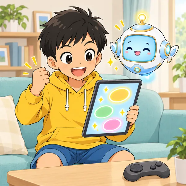 ハルが『ゲームは体にいいよね』と聞いて、AIの答えにガッツポーズをしている。