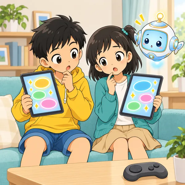 ミオが反対の聞き方をした画面を見せ、二人で首をかしげている。