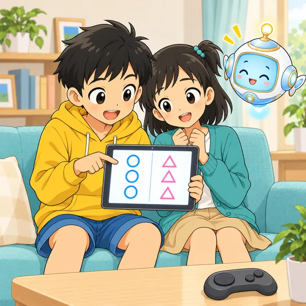 ハルとミオがいっしょに、両方の面を聞き直して納得している。